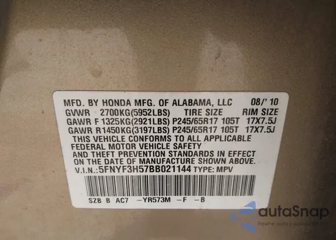 2011 Honda Pilot Ex-L z USA, uszkodzony, nr VIN 5FNYF3H57BB021144